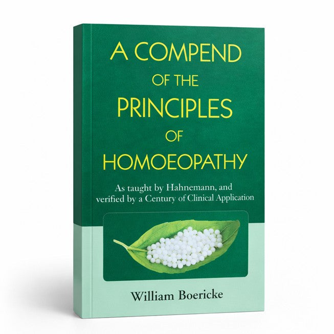 Book titled 'A Compend of the Principles of Homoeopathy By William Boericke' with a green cover and white text.